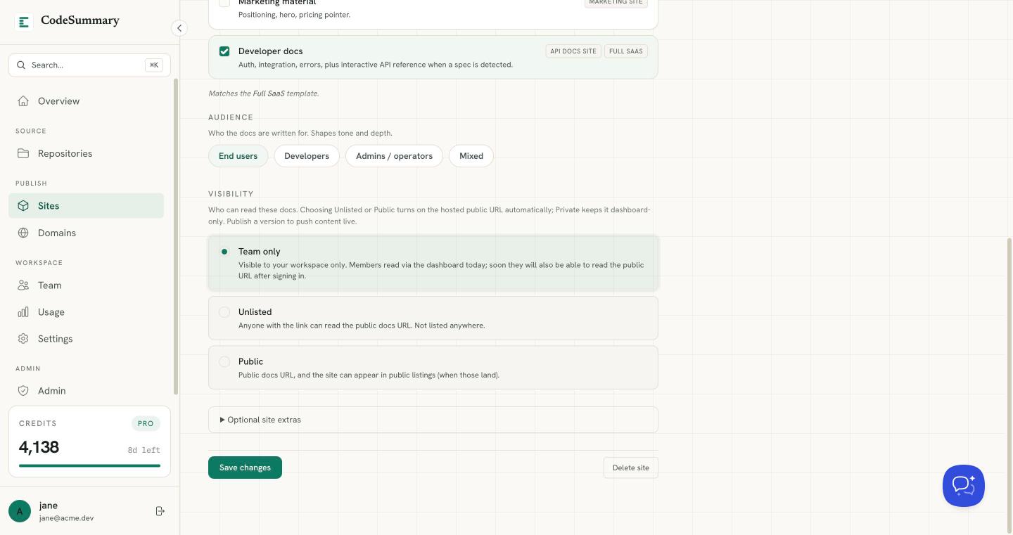 Visibility controls on site settings