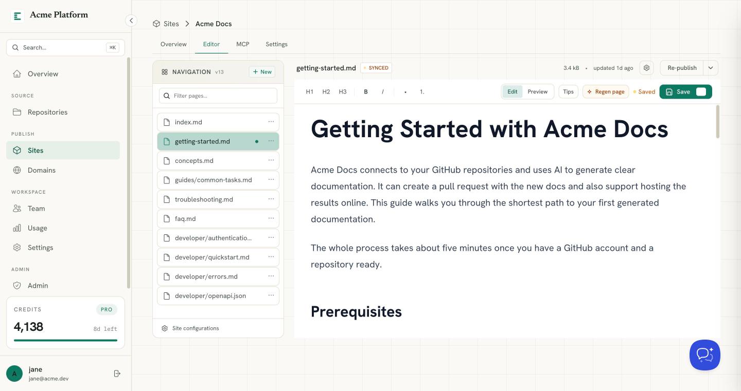 CodeSummary documentation editor showing generated pages and editable content