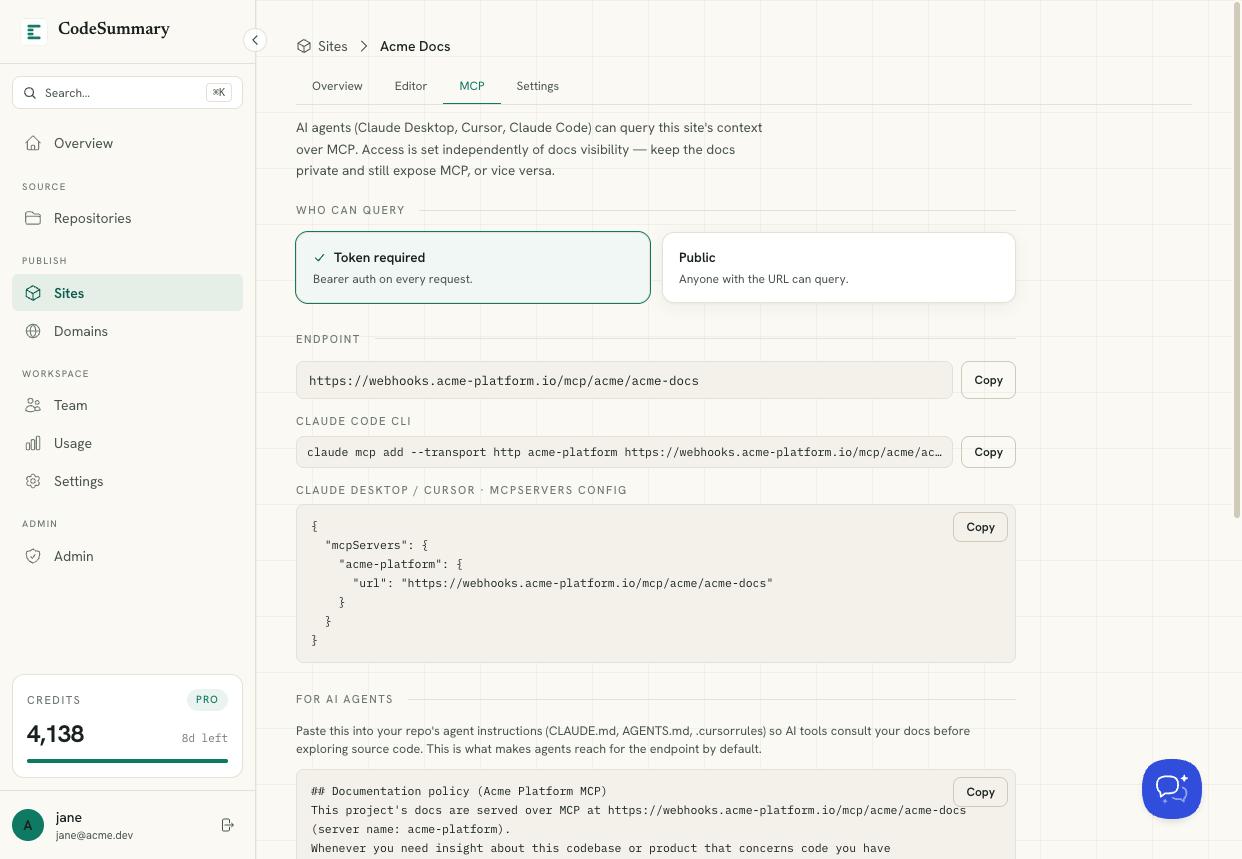 CodeSummary MCP configuration for connecting coding agents to documentation context