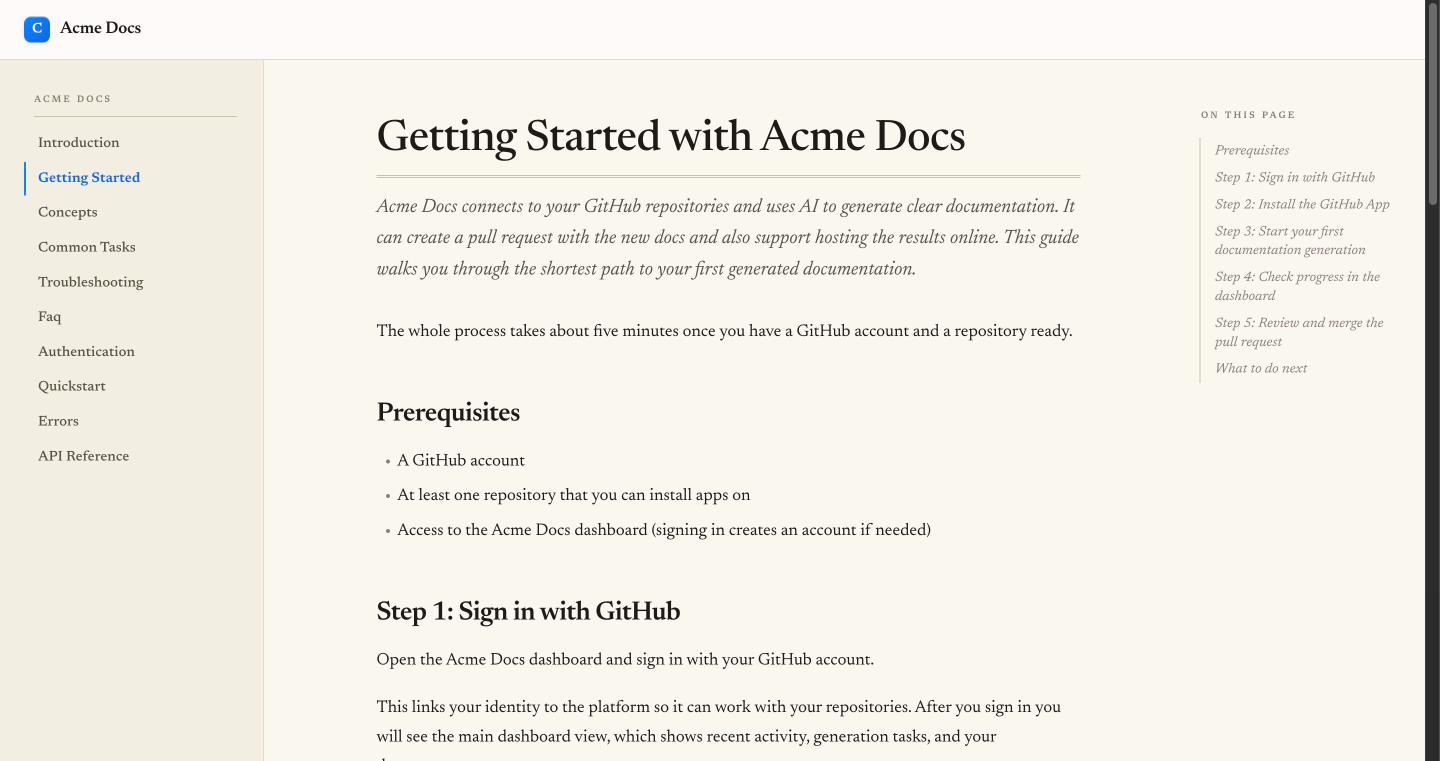 Published documentation with branded navigation and search