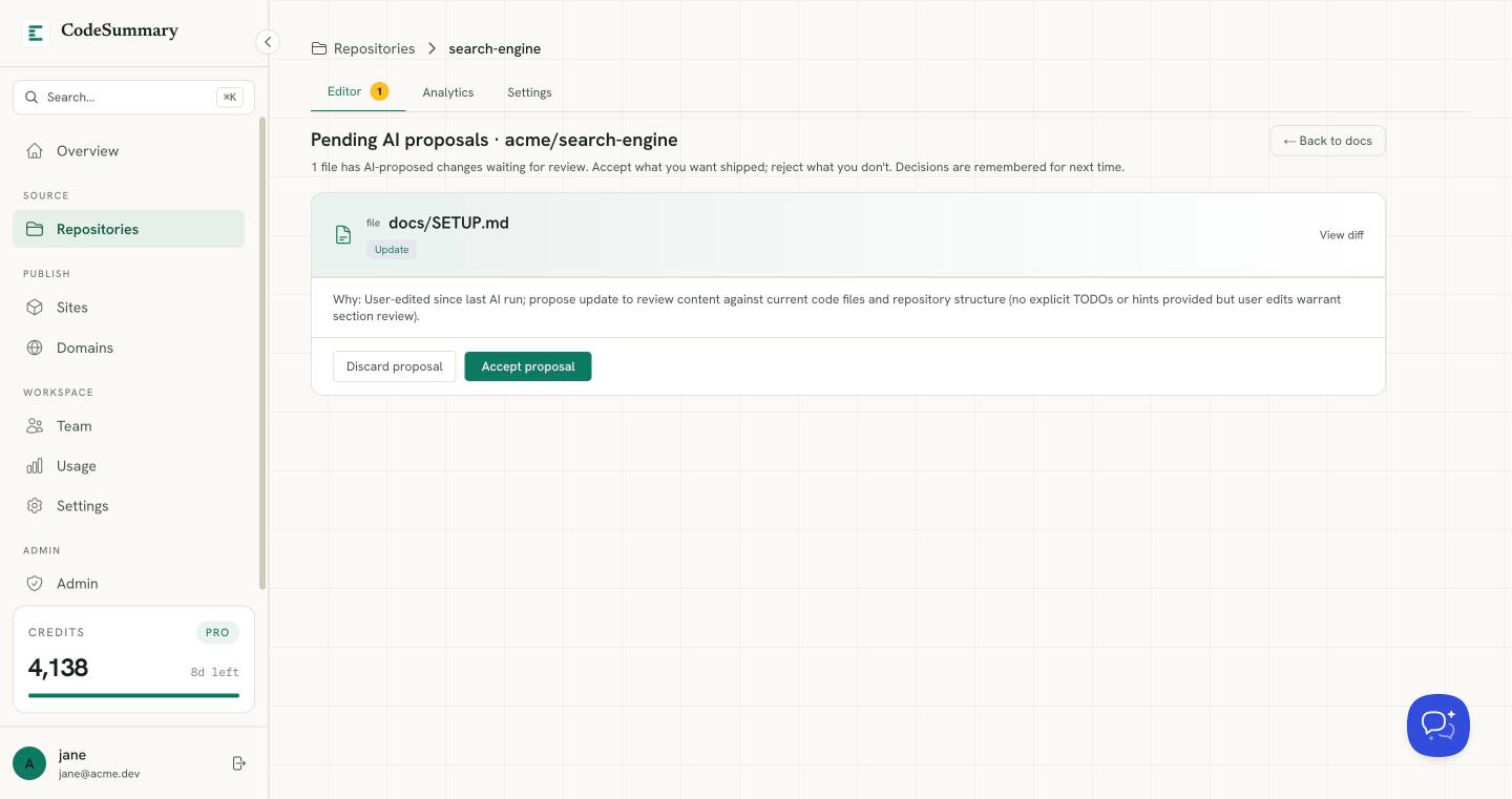 CodeSummary review screen for accepting or rejecting proposed documentation updates